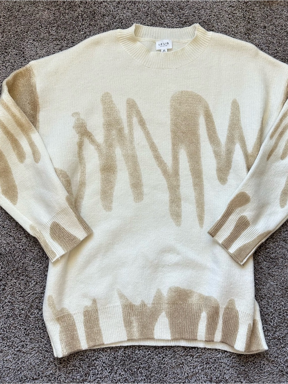 Le Lis Cream Sweater with Beige Abstract Brushstroke Print
